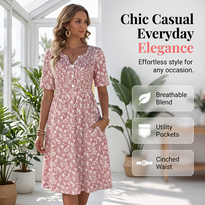 Women's Casual V-Neck Print Dress with Pockets💐👗