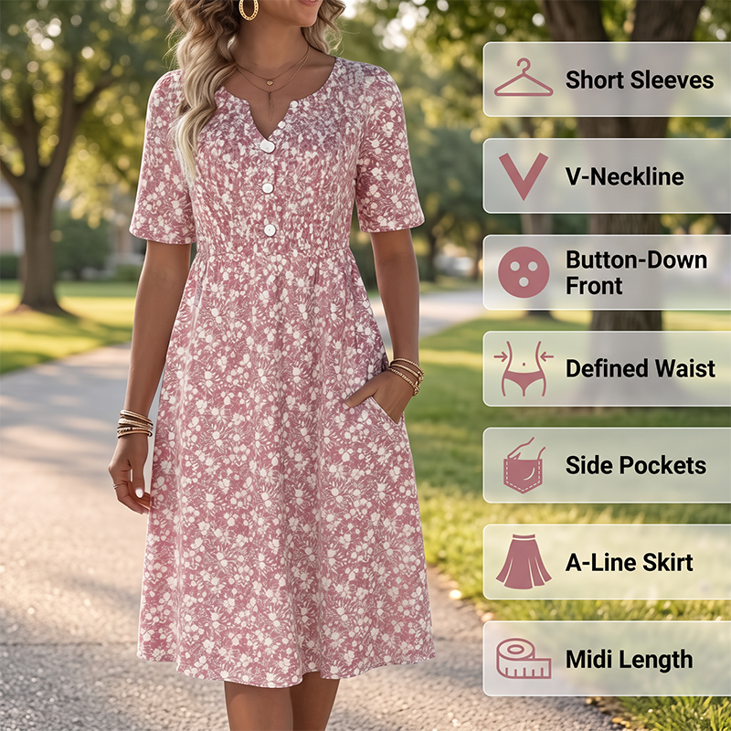 Women's Casual V-Neck Print Dress with Pockets💐👗