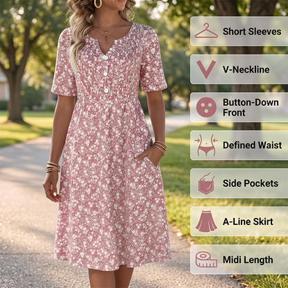 Women's Casual V-Neck Print Dress with Pockets💐👗
