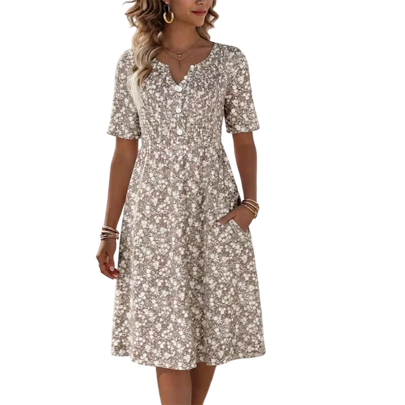 Women's Casual V-Neck Print Dress with Pockets💐👗