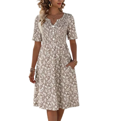 Women's Casual V-Neck Print Dress with Pockets💐👗