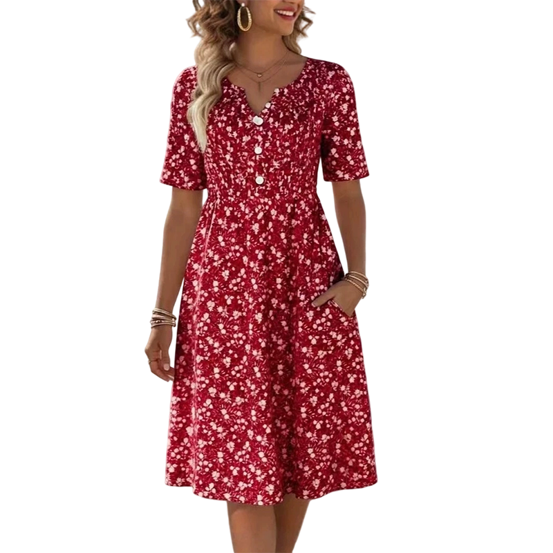 Women's Casual V-Neck Print Dress with Pockets💐👗