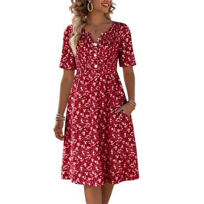 Women's Casual V-Neck Print Dress with Pockets💐👗
