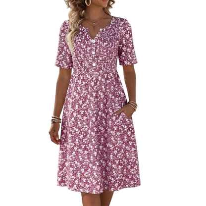 Women's Casual V-Neck Print Dress with Pockets💐👗