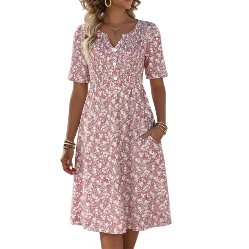 Women's Casual V-Neck Print Dress with Pockets💐👗