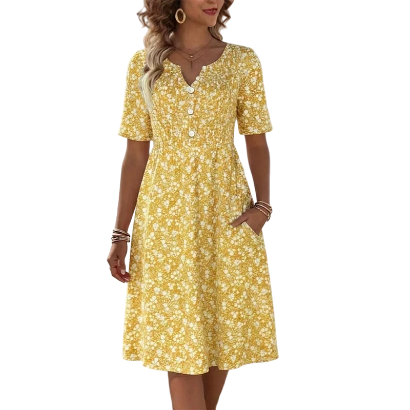 Women's Casual V-Neck Print Dress with Pockets💐👗