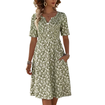 Women's Casual V-Neck Print Dress with Pockets💐👗
