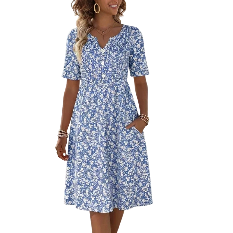 Women's Casual V-Neck Print Dress with Pockets💐👗