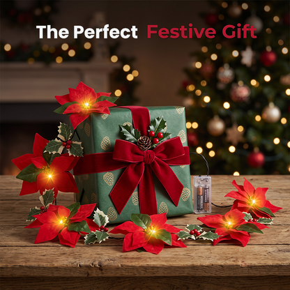😍 🎄 Poinsettia Flower String Lights – 2M Warm LED Garland with Red Flowers & Holly Leaves
