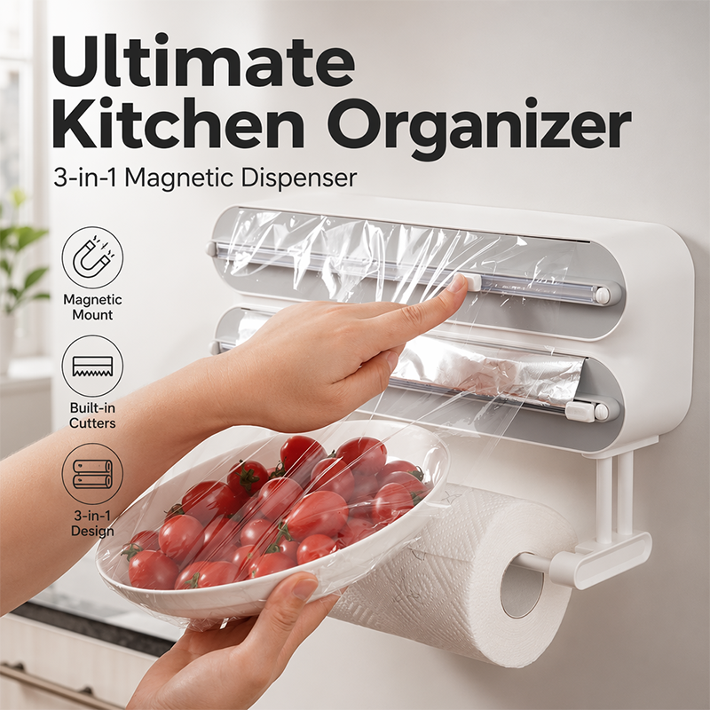 🧲 3-in-1 Magnetic Kitchen Wrap Dispenser – Built-in Cutter Plastic Wrap Foil Dispenser with Paper Towel Holder, No Drilling Wall Mount Kitchen Organizer for Fridge & Cabinet