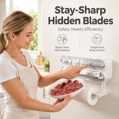 🧲 3-in-1 Magnetic Kitchen Wrap Dispenser – Built-in Cutter Plastic Wrap Foil Dispenser with Paper Towel Holder, No Drilling Wall Mount Kitchen Organizer for Fridge & Cabinet