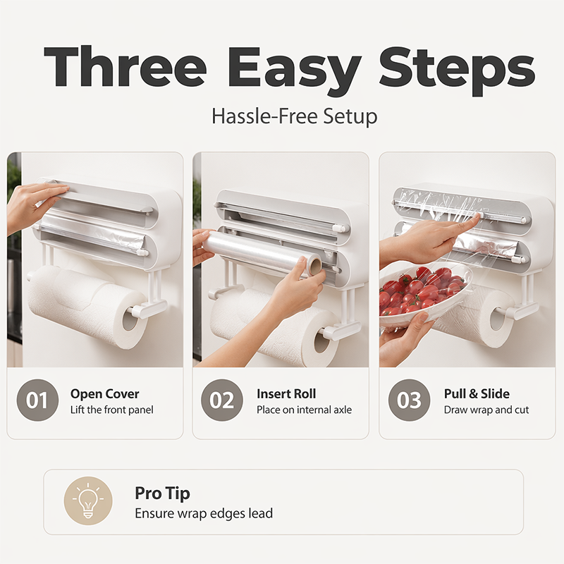 🧲 3-in-1 Magnetic Kitchen Wrap Dispenser – Built-in Cutter Plastic Wrap Foil Dispenser with Paper Towel Holder, No Drilling Wall Mount Kitchen Organizer for Fridge & Cabinet