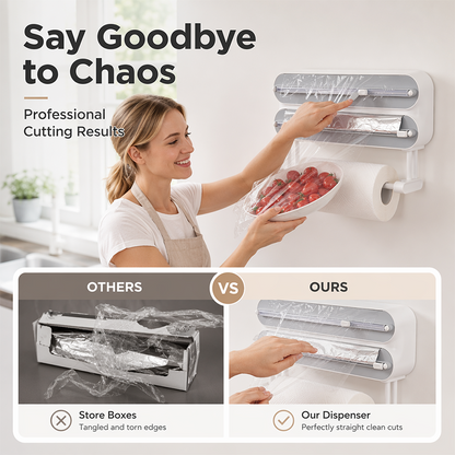 🧲 3-in-1 Magnetic Kitchen Wrap Dispenser – Built-in Cutter Plastic Wrap Foil Dispenser with Paper Towel Holder, No Drilling Wall Mount Kitchen Organizer for Fridge & Cabinet