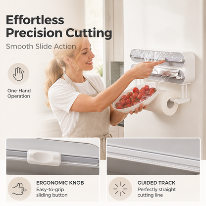 🧲 3-in-1 Magnetic Kitchen Wrap Dispenser – Built-in Cutter Plastic Wrap Foil Dispenser with Paper Towel Holder, No Drilling Wall Mount Kitchen Organizer for Fridge & Cabinet