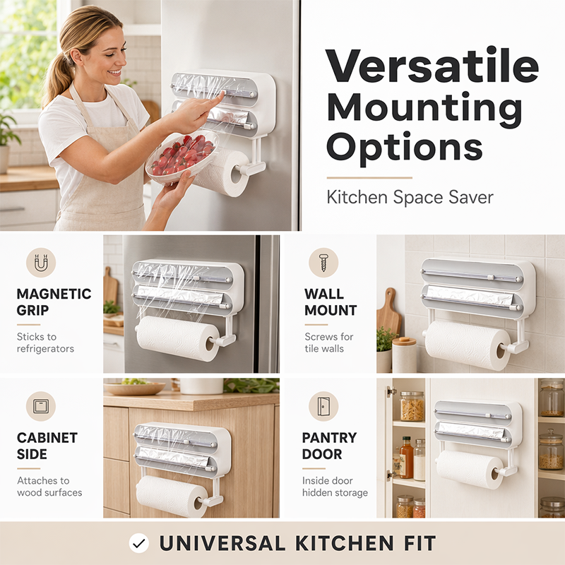 🧲 3-in-1 Magnetic Kitchen Wrap Dispenser – Built-in Cutter Plastic Wrap Foil Dispenser with Paper Towel Holder, No Drilling Wall Mount Kitchen Organizer for Fridge & Cabinet