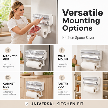 🧲 3-in-1 Magnetic Kitchen Wrap Dispenser – Built-in Cutter Plastic Wrap Foil Dispenser with Paper Towel Holder, No Drilling Wall Mount Kitchen Organizer for Fridge & Cabinet
