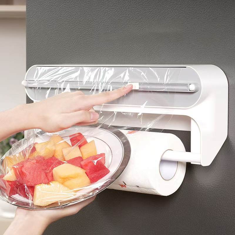 🧲 3-in-1 Magnetic Kitchen Wrap Dispenser – Built-in Cutter Plastic Wrap Foil Dispenser with Paper Towel Holder, No Drilling Wall Mount Kitchen Organizer for Fridge & Cabinet