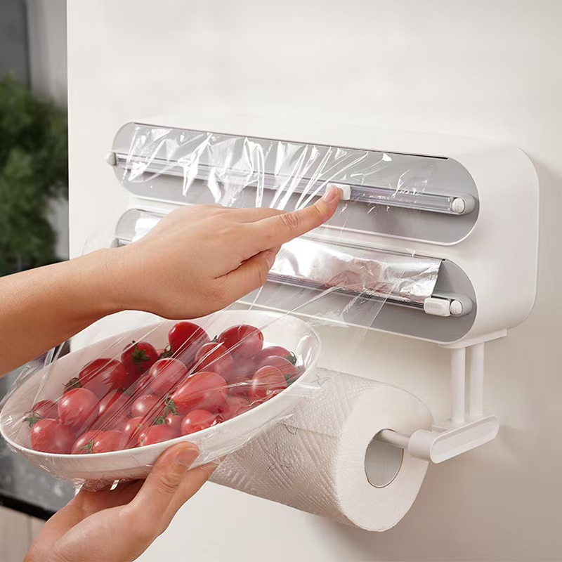 🧲 3-in-1 Magnetic Kitchen Wrap Dispenser – Built-in Cutter Plastic Wrap Foil Dispenser with Paper Towel Holder, No Drilling Wall Mount Kitchen Organizer for Fridge & Cabinet