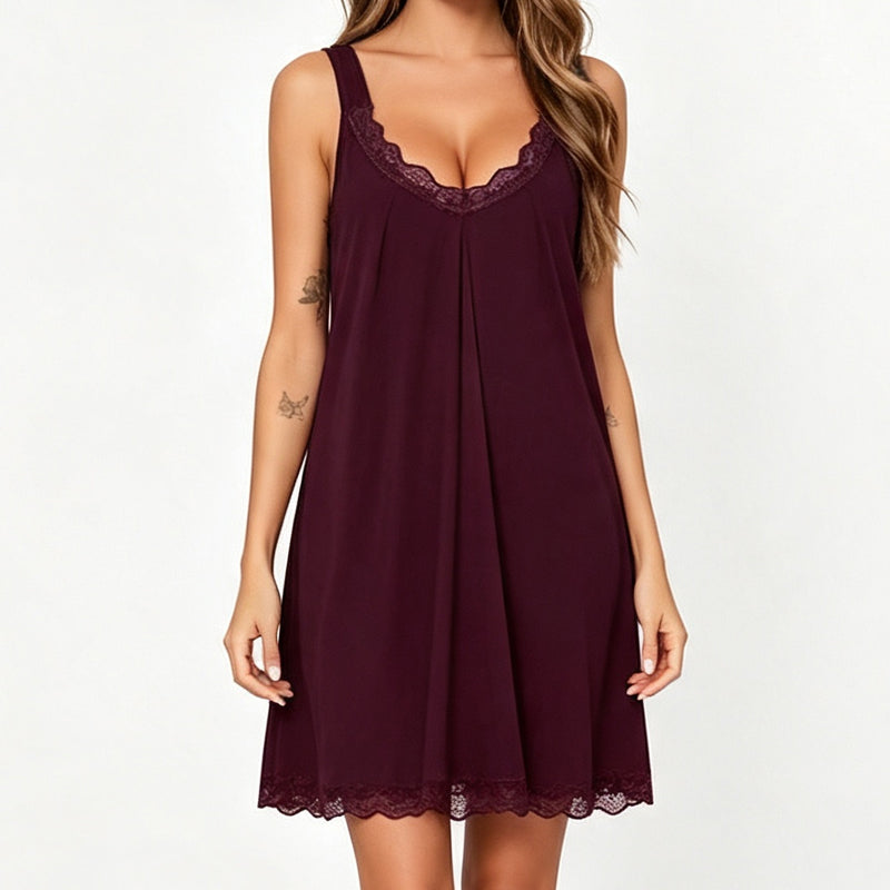 🛏️ Women's Lace V-Neck Nightdress — Soft Modal Chemise with Adjustable Spaghetti Straps