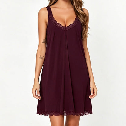 🛏️ Women's Lace V-Neck Nightdress — Soft Modal Chemise with Adjustable Spaghetti Straps