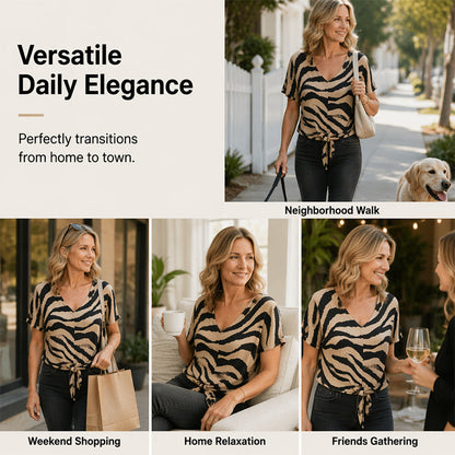 👚Women's V-Neck Tie-Front Zebra Print T-Shirt✨