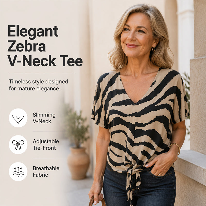 👚Women's V-Neck Tie-Front Zebra Print T-Shirt✨