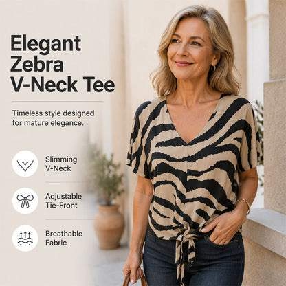 👚Women's V-Neck Tie-Front Zebra Print T-Shirt✨