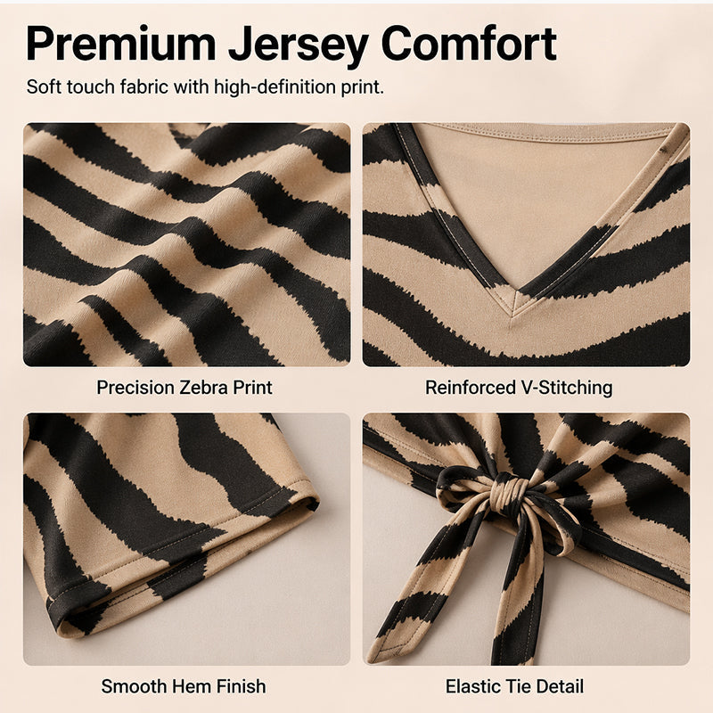 👚Women's V-Neck Tie-Front Zebra Print T-Shirt✨