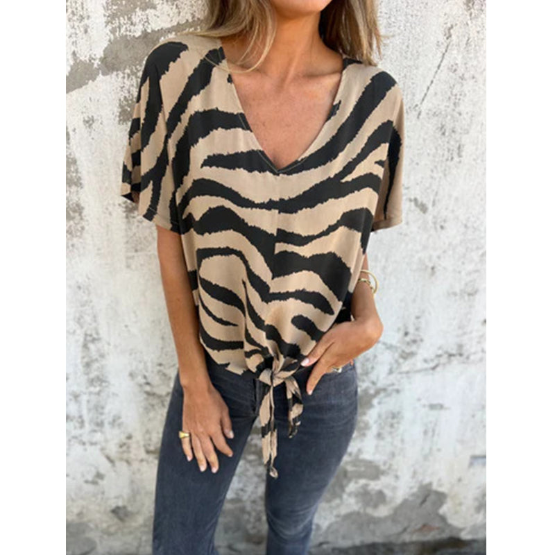 👚Women's V-Neck Tie-Front Zebra Print T-Shirt✨