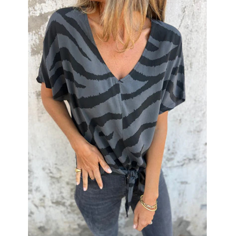 👚Women's V-Neck Tie-Front Zebra Print T-Shirt✨