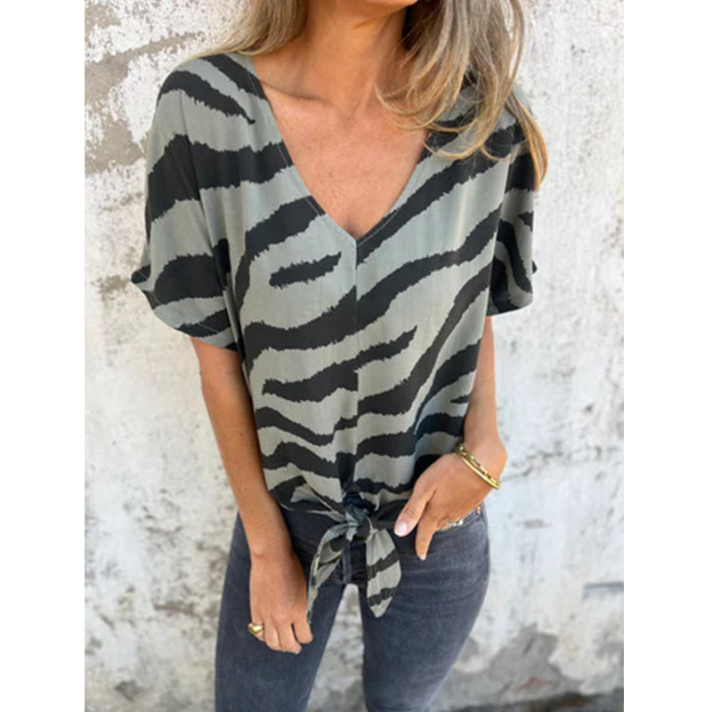 👚Women's V-Neck Tie-Front Zebra Print T-Shirt✨