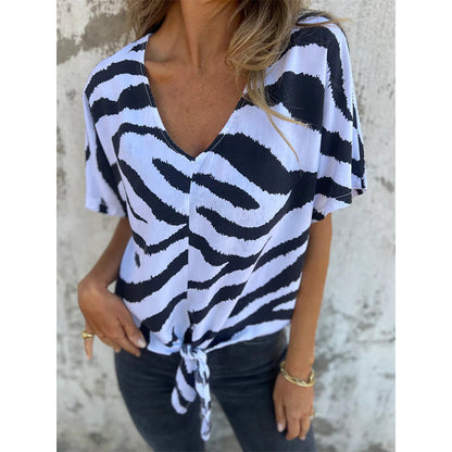 👚Women's V-Neck Tie-Front Zebra Print T-Shirt✨