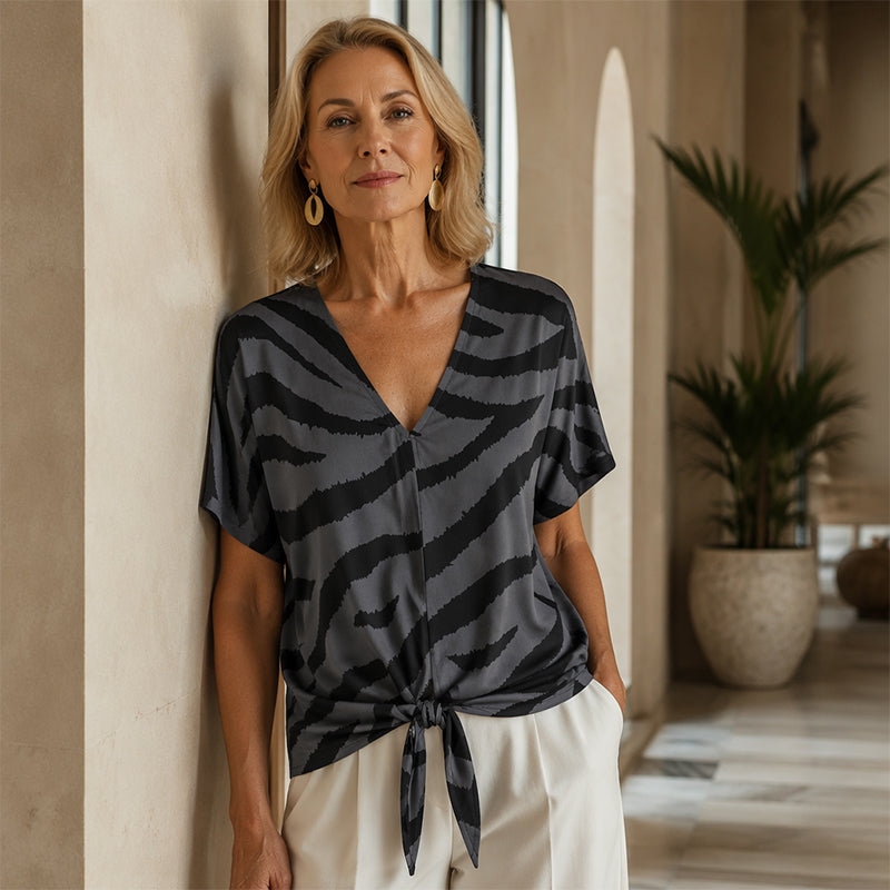 👚Women's V-Neck Tie-Front Zebra Print T-Shirt✨