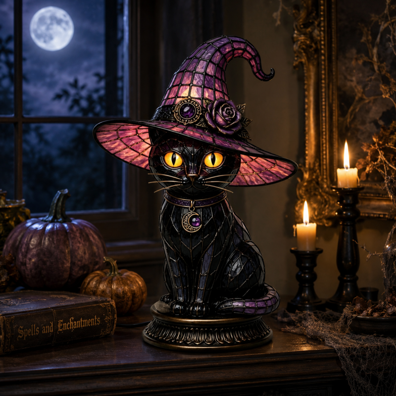 💥 Gothic Halloween Witch and Cat Table Lamp