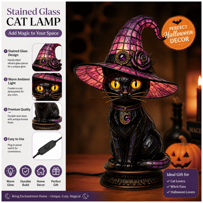 💥 Gothic Halloween Witch and Cat Table Lamp