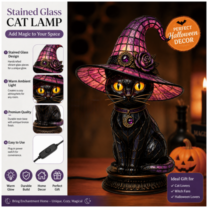 💥 Gothic Halloween Witch and Cat Table Lamp