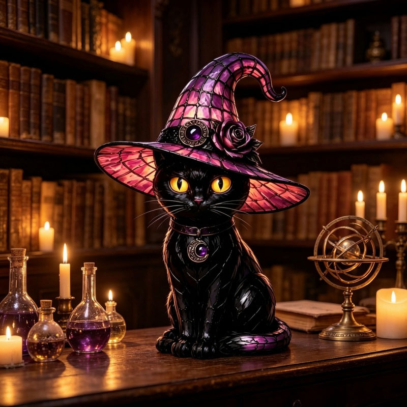💥 Gothic Halloween Witch and Cat Table Lamp