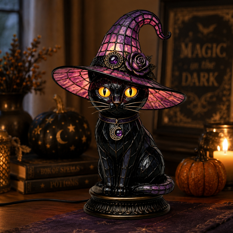 💥 Gothic Halloween Witch and Cat Table Lamp