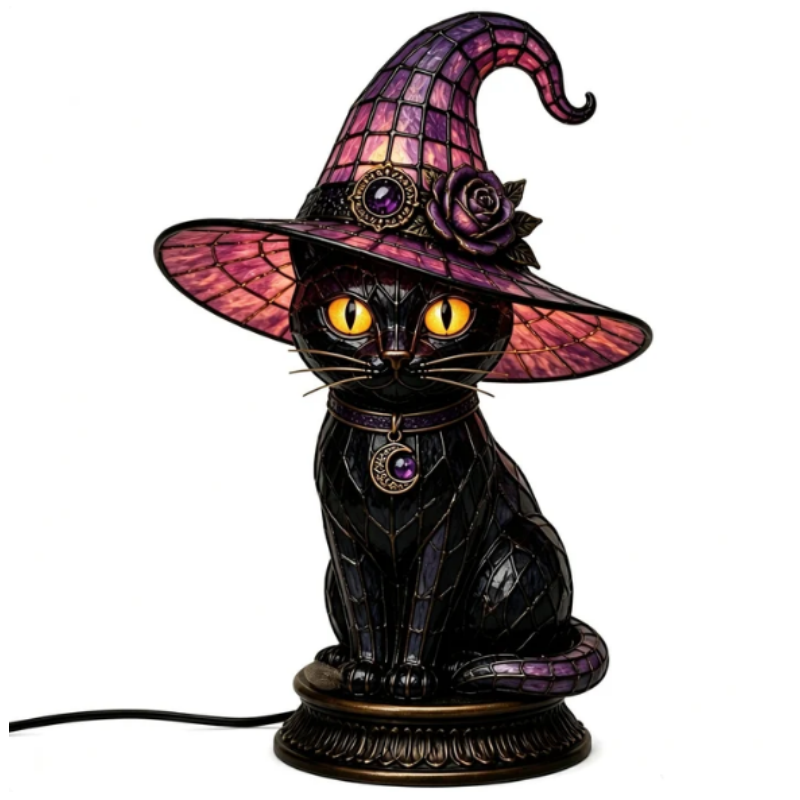 💥 Gothic Halloween Witch and Cat Table Lamp
