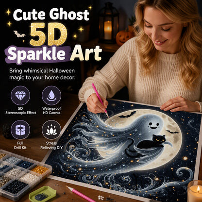 👻Halloween Cute Ghost DIY Diamond Art Kit – 5D Full Drill, HD Waterproof Canvas & Gothic Lace Design 🎃