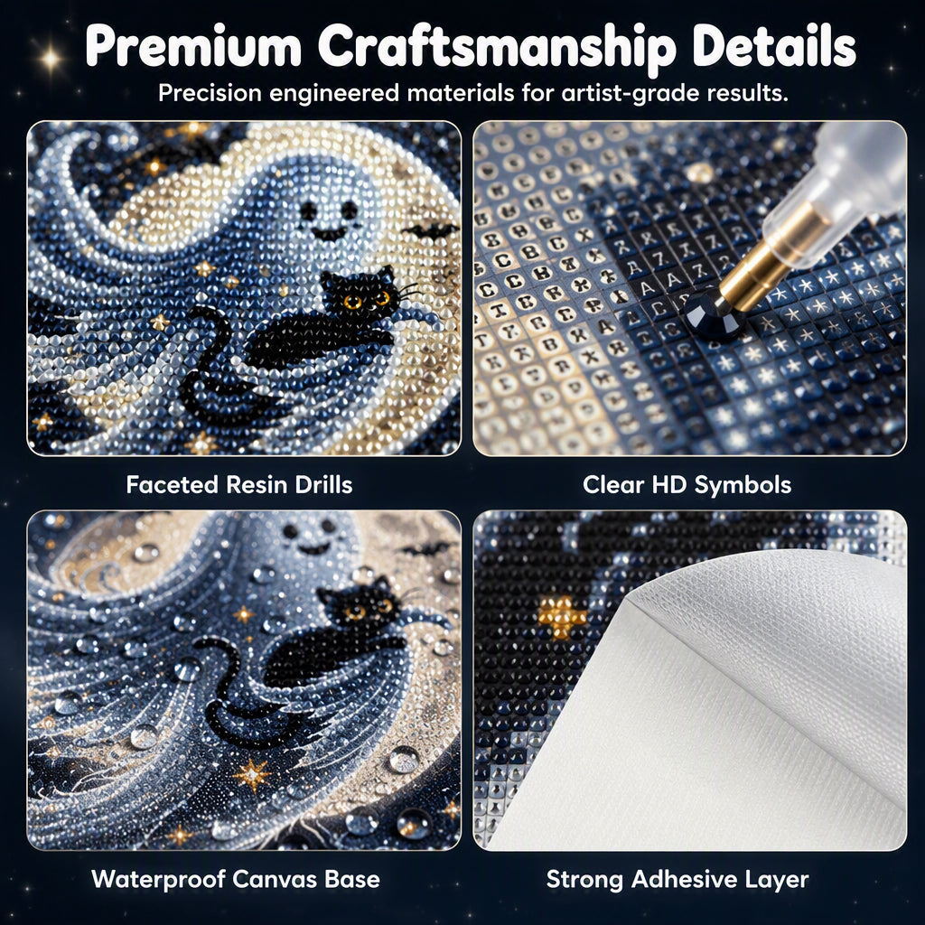 👻Halloween Cute Ghost DIY Diamond Art Kit – 5D Full Drill, HD Waterproof Canvas & Gothic Lace Design 🎃