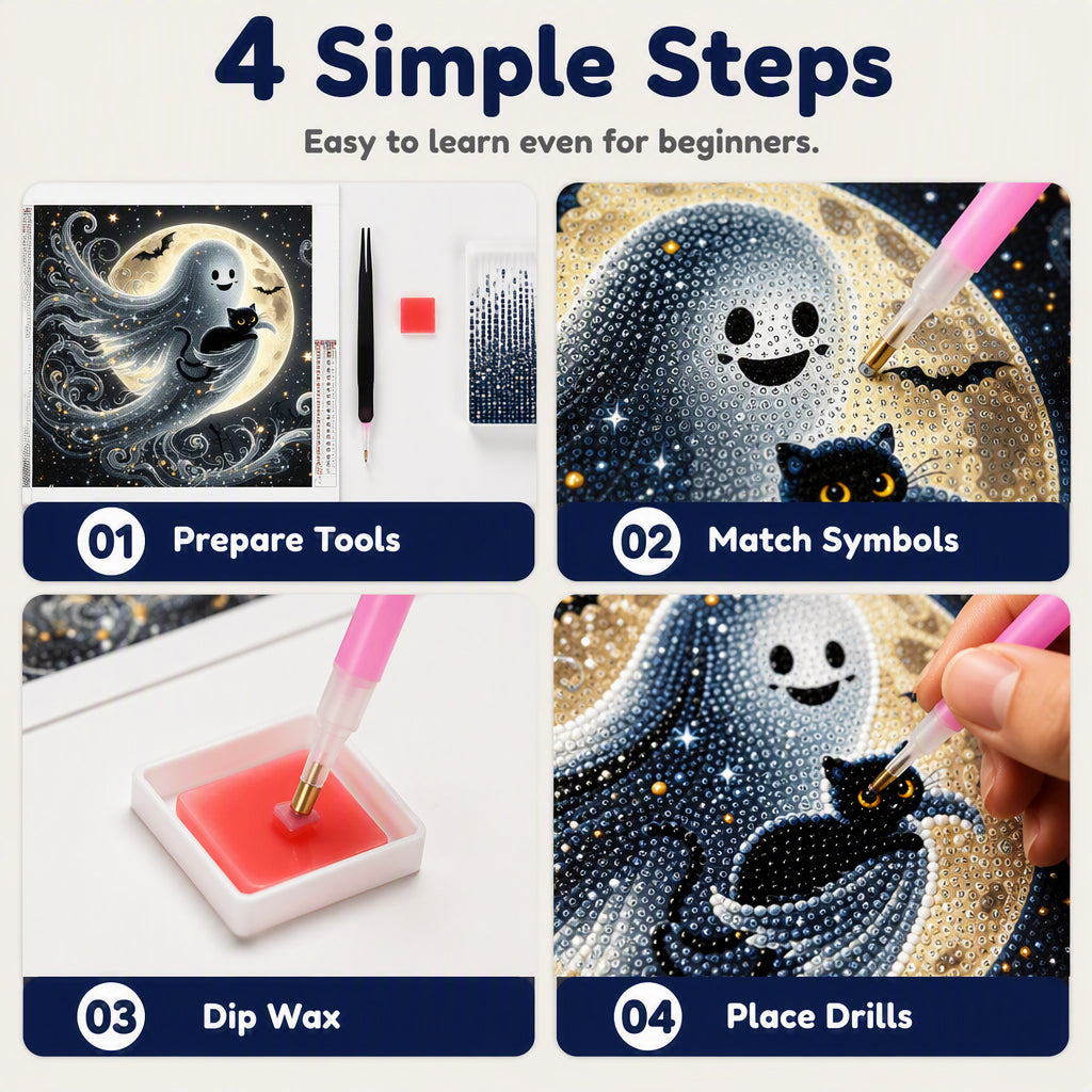 👻Halloween Cute Ghost DIY Diamond Art Kit – 5D Full Drill, HD Waterproof Canvas & Gothic Lace Design 🎃