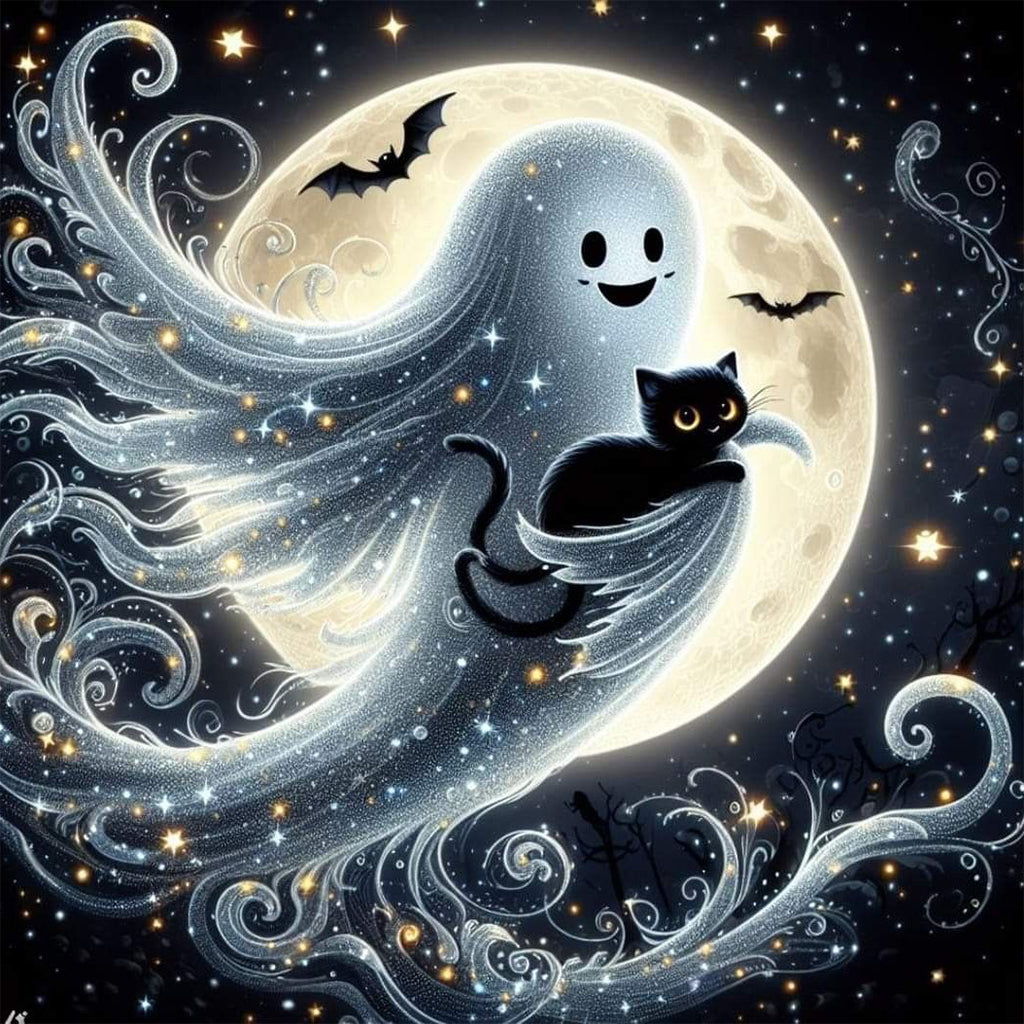 👻Halloween Cute Ghost DIY Diamond Art Kit – 5D Full Drill, HD Waterproof Canvas & Gothic Lace Design 🎃