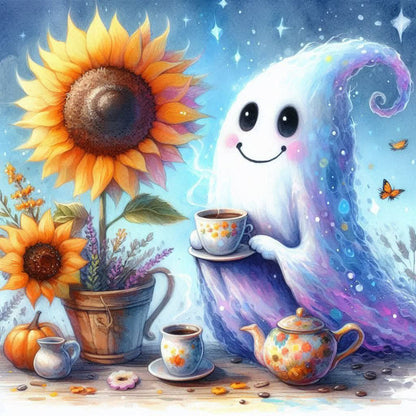 👻Halloween Cute Ghost DIY Diamond Art Kit – 5D Full Drill, HD Waterproof Canvas & Gothic Lace Design 🎃