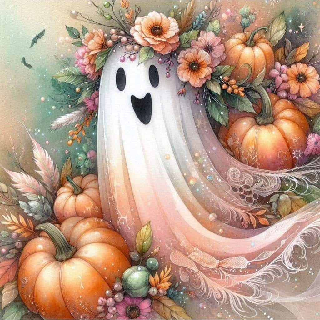👻Halloween Cute Ghost DIY Diamond Art Kit – 5D Full Drill, HD Waterproof Canvas & Gothic Lace Design 🎃