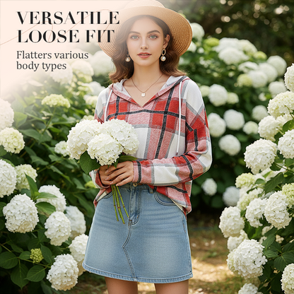 ✨ Easy Everyday Comfort | Women's Plaid Hooded Drawstring V-Neck Shirt🍂
