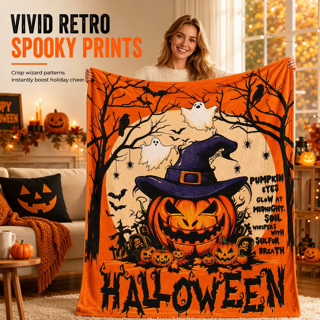🎃 Retro Halloween Skull Flannel Throw – Plush Warm Velvety Softness, Vivid Spooky Digital Print & Double-Stitched Durable Edge – Cozy Warmth for Home & Naps 🛋️