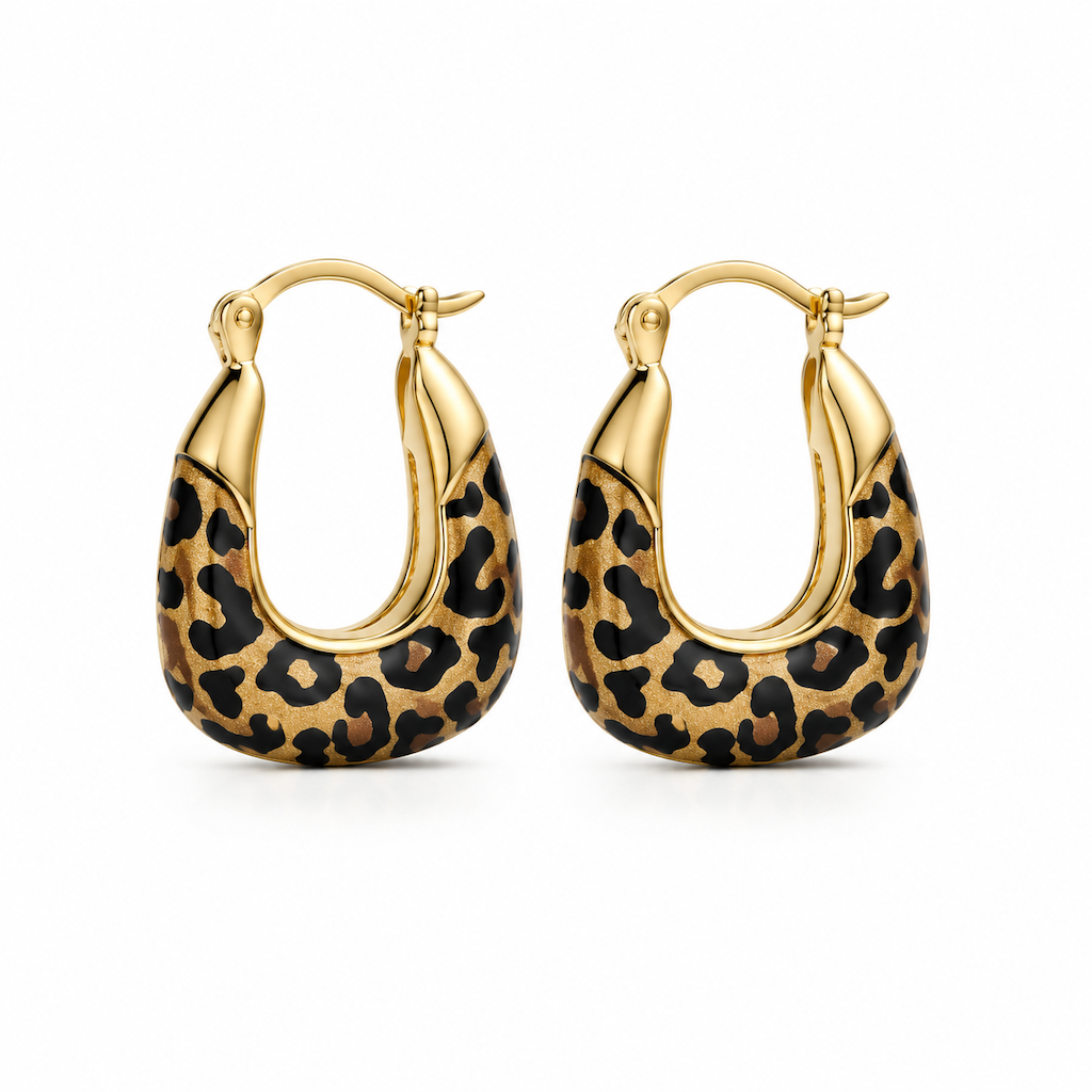 Vintage Leopard Print U-Shaped Huggie Hoop Earrings—Lightweight, Gold, Limited Edition!