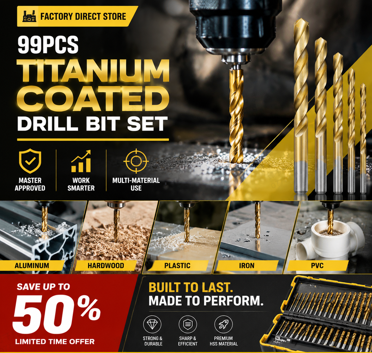 🔥High-efficiency tool favored by veteran craftsmen!Factory Outlet-99pcs Titanium Coated Drill Bit Set